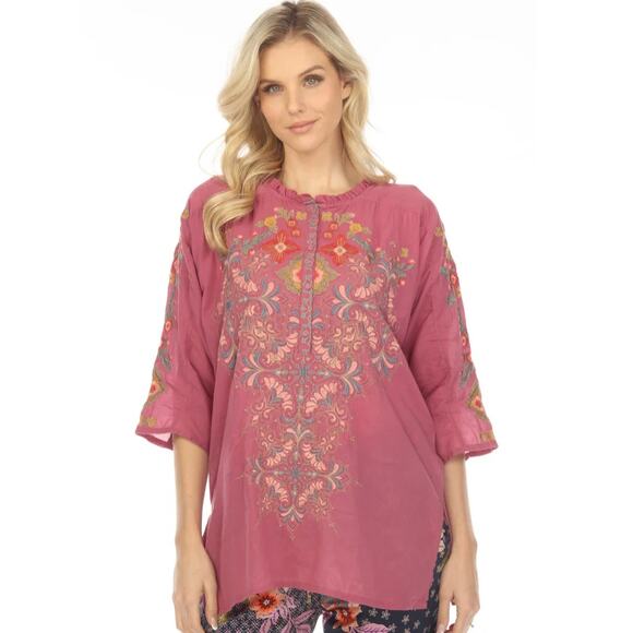 Johnny Was Biya Irma Embroidered Blouse Mauve Violet Floral Scroll Cotton S - Picture 1 of 7